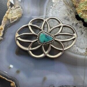 Vintage Nellie Tso Native American Silver Turquoise Sand Cast Brooch For Women